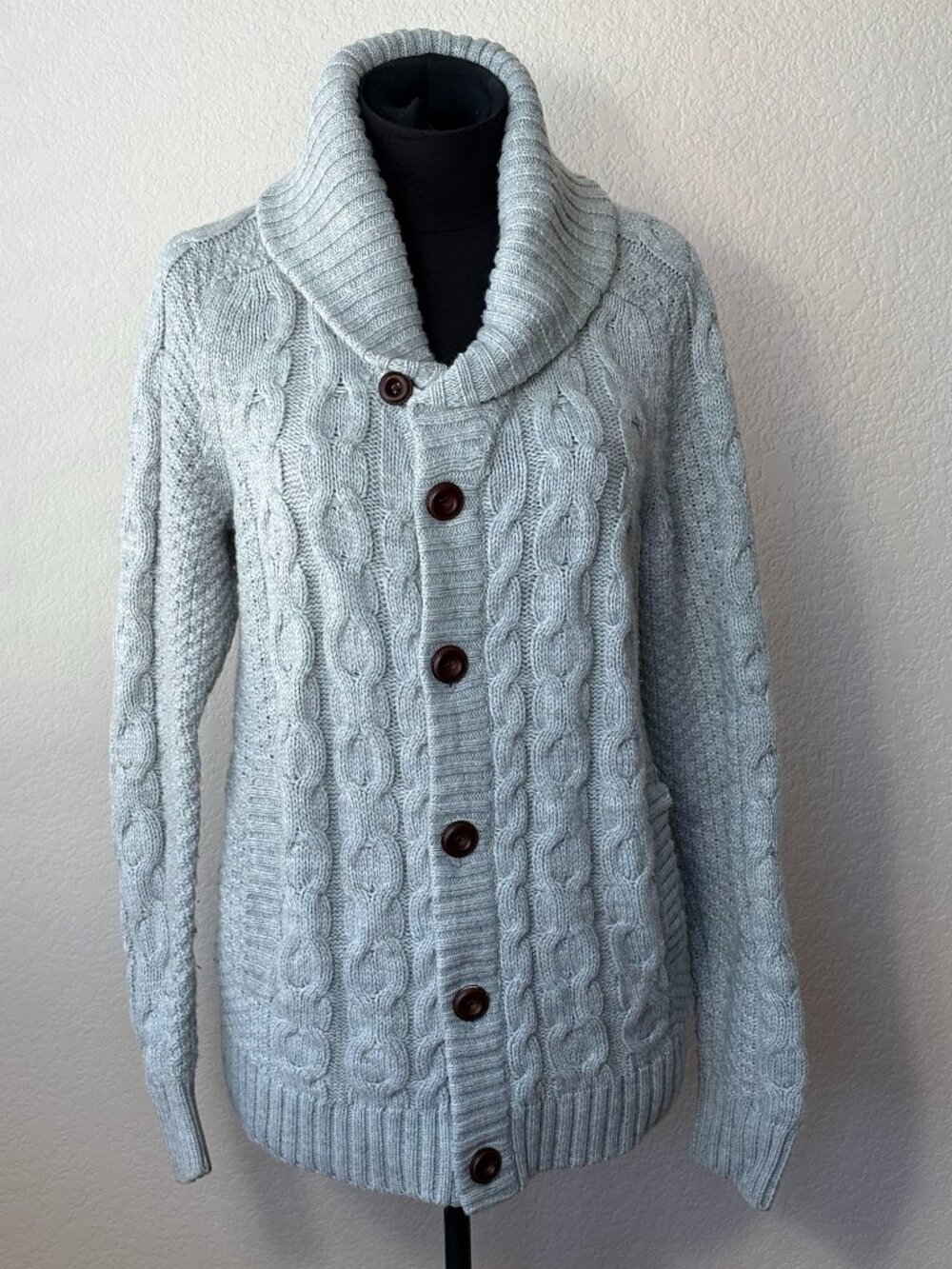 H&M Divided Cable Knit Cardigan M Gray Wool Blend Shawl Collar Pockets